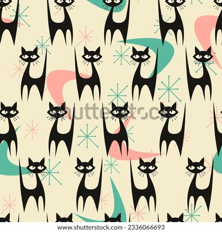 Mid Century colorful Modern Cat Silhouette with Atomic age Starbursts. Vector seamless background in fifties style. Royalty-Free Stock Photo #2336066693
