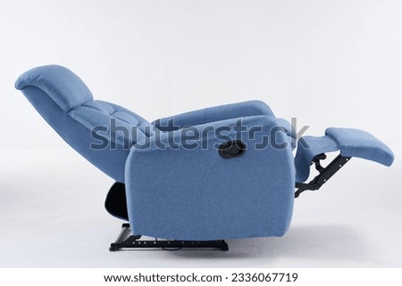 Blue recliner chair, reclining chair isolated on white background, Comfortable Modern Recliner Sofa on Minimalist and Modern Home, Light blue contemporary recliner armchair with plaid Royalty-Free Stock Photo #2336067719