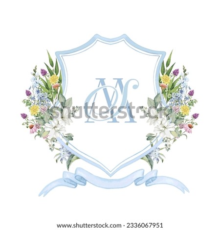 SM, MS initial painted hand-drawn light purple watercolor wedding crest design with eucalyptus, lilac, yellow carnation and wildflowers vector illustration. Royalty-Free Stock Photo #2336067951