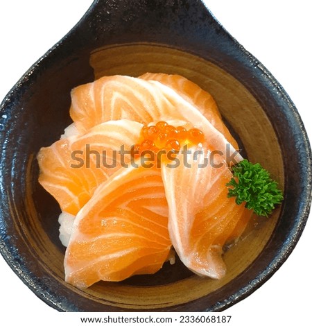 Salmon Sashimi set with fresh wasabi adding red seawood and green shi so and yellow flower Royalty-Free Stock Photo #2336068187