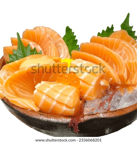 Salmon Sashimi set with fresh wasabi adding red seawood and green shi so and yellow flower Royalty-Free Stock Photo #2336068201