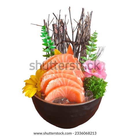 Salmon Sashimi set with fresh wasabi adding red seawood and green shi so and yellow flower Royalty-Free Stock Photo #2336068213
