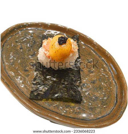 Salmon Sashimi set with fresh wasabi adding red seawood and green shi so and yellow flower Royalty-Free Stock Photo #2336068223