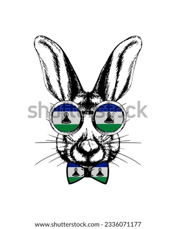 Easter bunny hand drawn portrait. Patriotic sublimation in colors of national flag on white background. Lesotho
