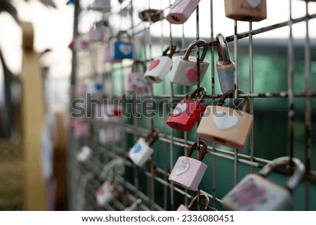 Locked padlocks on a fence with heart symbols
