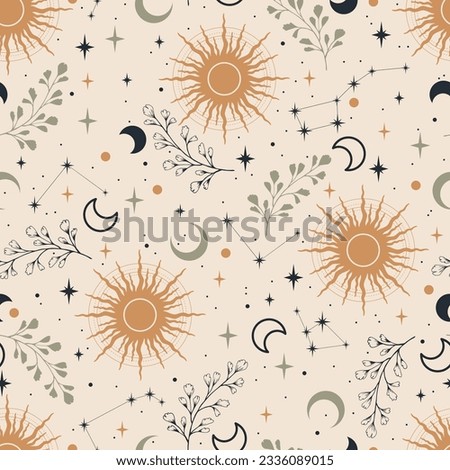 Magic seamless vector pattern with herbs, constellations, moons and stars. Boho pattern for astrology, esoteric, tarot, mystic and magic.  Royalty-Free Stock Photo #2336089015