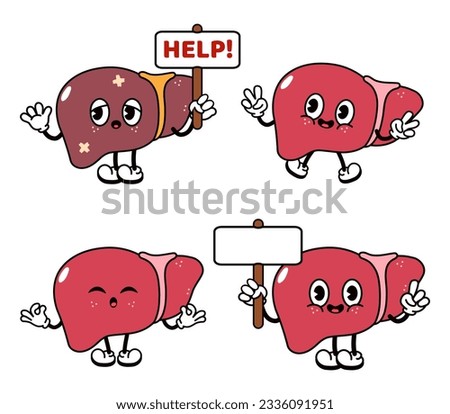 Funny happy Liver characters bundle set. Vector hand drawn doodle style traditional cartoon vintage, retro character illustration icon design. Isolated white background. Cute Liver mascot character Royalty-Free Stock Photo #2336091951