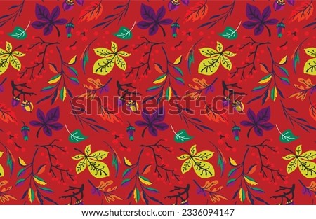 Autumn seamless natural pattern of exotic leaves. Vector floral background. Falling leaf seamless background with Oak. Maple, chestnut, linden, aspen walnut and rowan foliage in cartoon style.