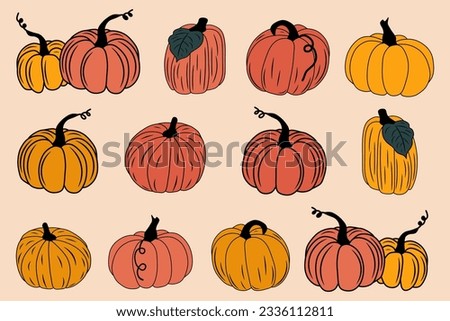 set of autumn yellow and orange pumpkins, bright vector illustration, set of pumpkins