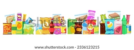 Snack product set, fast food snacks, drinks, nuts, chips, cracker, juice, sandwich isolated on white background. Unhealthy junk food. Flat illustration in vector Royalty-Free Stock Photo #2336123215