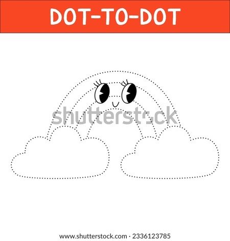 Dot to dot educational game and Coloring book of groovy rainbow with clouds cartoon character for preschool kids activity handwriting practice worksheet. Vector Illustration.