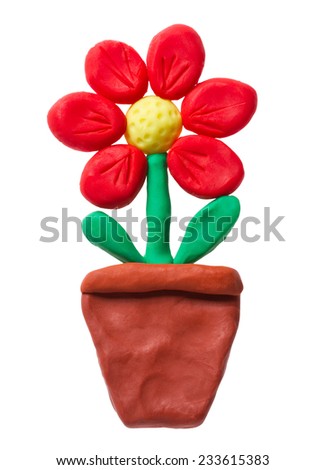 Red plasticine flower pot isolated on white background