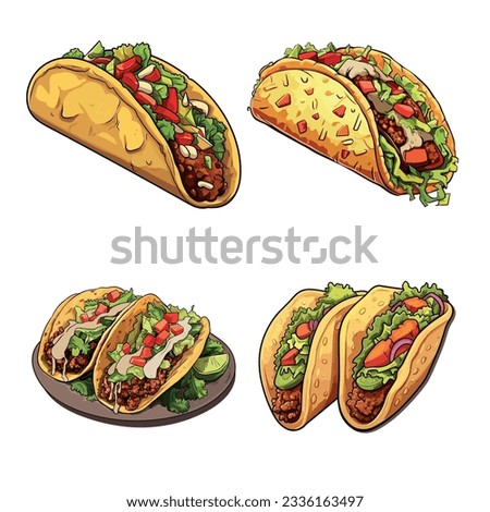 Realistic Mexican Taco with ground beef, lettuce, diced tomato and onion stuffing. Cultural food element isolated on white background. Royalty-Free Stock Photo #2336163497