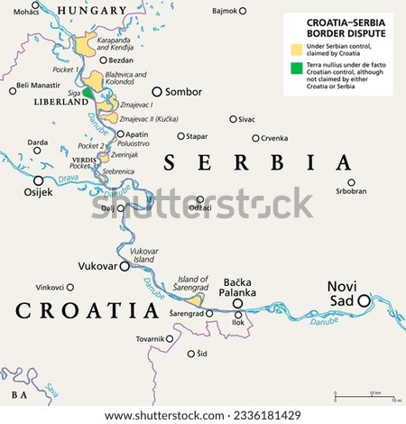 Croatia-Serbia border dispute, political map. Yellow marked Danube area under Serbian control, but claimed by Croatia. Two areas of no mans land are claimed by the micronations Liberland and Verdis. Royalty-Free Stock Photo #2336181429