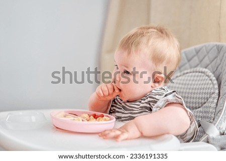 Cute child eats healthy food vegetables and meatballs from dietary meat steamed,. Portraits of a cute 10 months old baby girl. The baby sitting in a special high chair for babies. Royalty-Free Stock Photo #2336191335