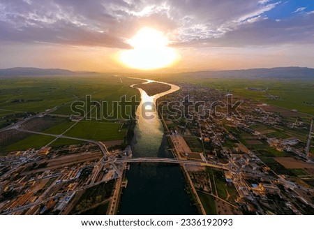 Aerial view of Deltebre, a small town in delta of the river Ebro in Spain