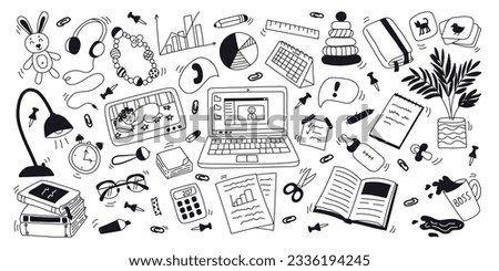 Set hand drawn doodle elements of table working mother. Laptop, notebook, children's toys, graphics, video babysitter. Flat vector illustration on white background Royalty-Free Stock Photo #2336194245