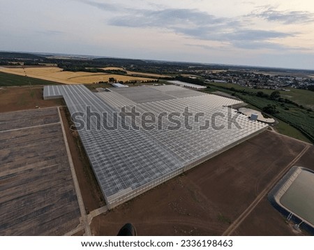Green houses, intensive agriculture plant production, glass house,greenhouse aerial scenic panorama view Europe Czech republic,Lysa nad Labem,modern agriculture technology
