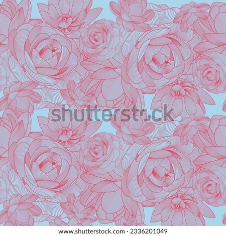 Vintage Style Peonies And Roses Seamless Pattern, Floral Texture Vector Line Art  For Wedding Card Invitations, Textile, Wrapper