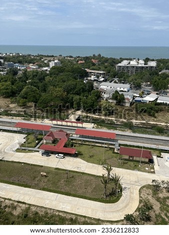 Railway station in Hua Hin, Thailand, high angle view and sea view
