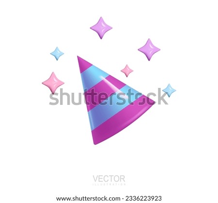 Striped cone hat with stars near, birthday festive celebration headdress accessory. Realistic 3d icon vector illustration. Holiday event funny surprise costume blue purple cap diagonally placed festiv Royalty-Free Stock Photo #2336223923