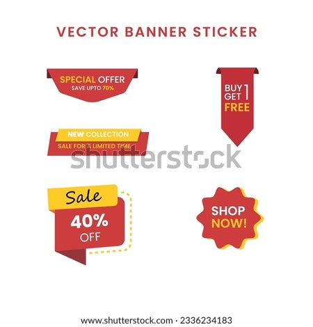 Set of red Christmas sale banners clip art. Ribbons and round sticker. Paper scrolls. Vector illustration.