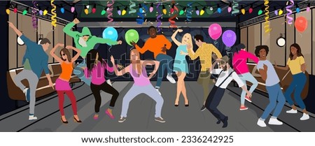 Happy young people, teenagers dancing at holiday party. Friends having fun together. Female and male cartoon characters celebrating event, birthday, christmas, new year. Colorful vector illustration