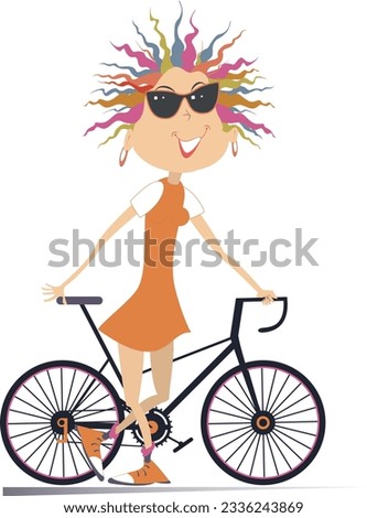 Cartoon cycling young woman illustration. 
Smiling cyclist woman standing near a bike. Isolated on white background
