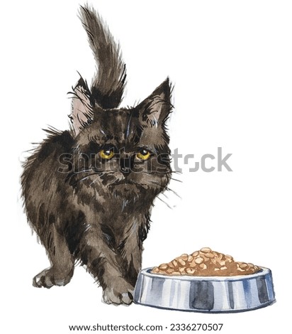Kitten and a bowl full of cat food. Watercolor food for cats concept painting. Pet Artwork. Domestic animal care.