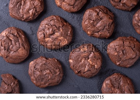 Group of homemade american chocolate cookies . Top view