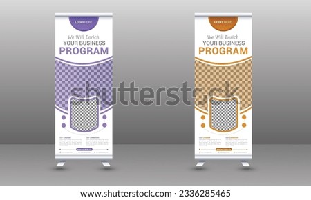 Banner roll-up design, business concept. Graphic template roll-up for exhibitions, banner for seminar, layout for placement of photos.