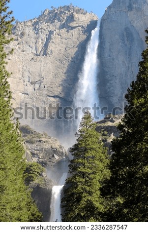 Yosemite National Park. Yosemite valley. Yosemite upper fall. Beautiful waterfall. Light photo in nature. Royalty-Free Stock Photo #2336287547