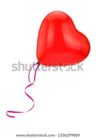 Red heart shape balloon and ribbon flying isolated on white background, 