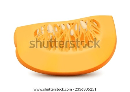 Sliced pumpkin with seeds isolated on white background. Decorative art element for Thanksgiving, Halloween celebration layout design. Bright orange fruit. Realistic 3d vector