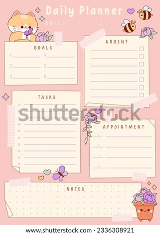 Kawaii daily planner with ginger cat and flowers. Cute to do list, memo pad, schedule, stickers template.