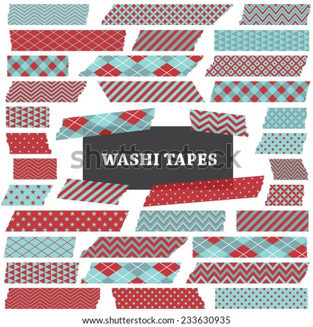 Two Tone Aqua Blue and Red Washi Tape Strips. Semitransparent. Photo Frame Border, Clip Art, Scrapbook Embellishment. Argyle, Gingham, Stars, Polka Dot and Stripes. Global colors used in vector file. 