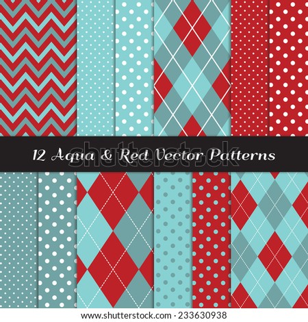 Two Tone Aqua Blue and Red Chevron, Argyle and Polka Dot Patterns. Soft aqua blue and dark red backgrounds. Aqua Red Christmas. Vector Pattern Swatches made with Global Colors.