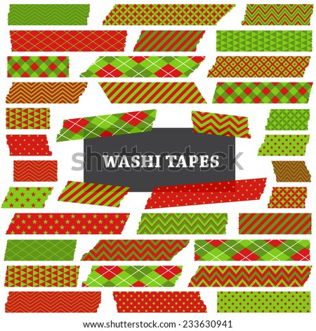 Christmas Red, Green and Lime Green Washi Tape Strips. Semitransparent. Photo Frame Border, Clip Art, Scrapbook Embellishment. Argyle, Gingham, Polka Dot & Stripes. Global colors used in vector file. 