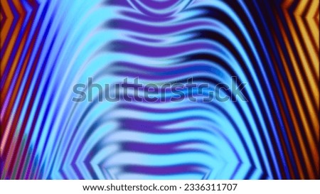 Defocused neon ripple. Futuristic glow background. Blur fluorescent cyan blue yellow holographic color gradient light flare curves abstract design with free space.