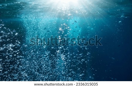 Sunlight underwater with bubbles rising to water surface and some fish in background, Mediterranean sea, France Royalty-Free Stock Photo #2336315035