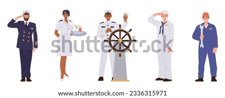 Yacht or cruise ship liner sailors crew character cartoon people isolated set on white background Royalty-Free Stock Photo #2336315971