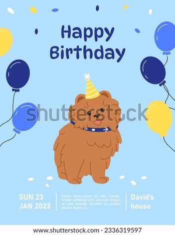 Dog birthday invitation postcard. Brown and fluffy puppy with colorful air balloons. Holiday and festival, event. Love and care about domestic animal. Cartoon flat vector illustration