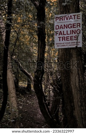 Warning sign, Danger Falling Trees, Private sign in the woods. Forest in autumn