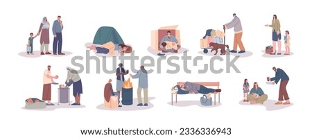 Poverty and refugee problems. Sad poor people sleep on street, homeless woman and man. Hungry beggar, person need social help kicky vector set Royalty-Free Stock Photo #2336336943