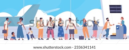Airport queue. People tourists with luggage wait in line terminal airport or departure area, plane passenger on ticket checking gate flight registration, classy vector illustration of airport tourist Royalty-Free Stock Photo #2336341141
