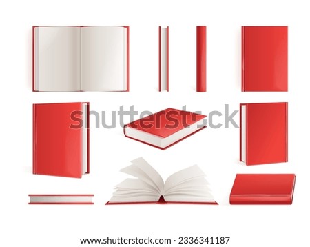 Realistic red books. 3d hardback or paperback book mockup, open and closed hardcover booklet with empty pages volume notebook isolated encyclopedia set exact vector illustration of book cover page Royalty-Free Stock Photo #2336341187