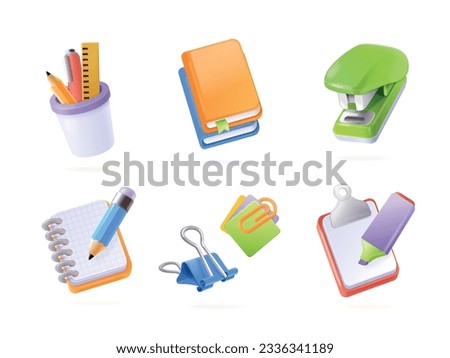 Render office tools. 3d isometric table stationery, school study tool or finance company supplies for management order, realistic object clip stapler, exact vector illustration