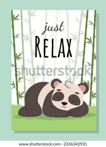 Poster with cute panda concept. Adorable animal lies and sleeps next to bamboo forest. Flora and fauna. Cover or banner for website. Cartoon flat vector illustration isolated on green background
