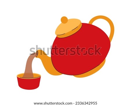 Chinese teapot with tea concept. Hot drink, aroma and beverage. Red beautiful tableware and dishware. Poster or banner for website. Cartoon flat vector illustration isolated on white background