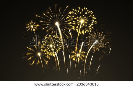 Gold fireworks template for banner. Poster or cover for website. Sparkles and explosions. Christmas and New Year greeting postcard. Realistic vector illustration isolated on black background Royalty-Free Stock Photo #2336343015